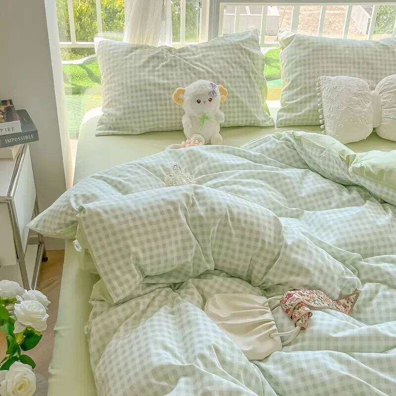 Green Nordic Bedding Set Ins Plaid Girls Boys Double Queen Size Duvet Cover Flat Sheet Pillowcase New No Filler Bed Linens H260311-image-1097176112