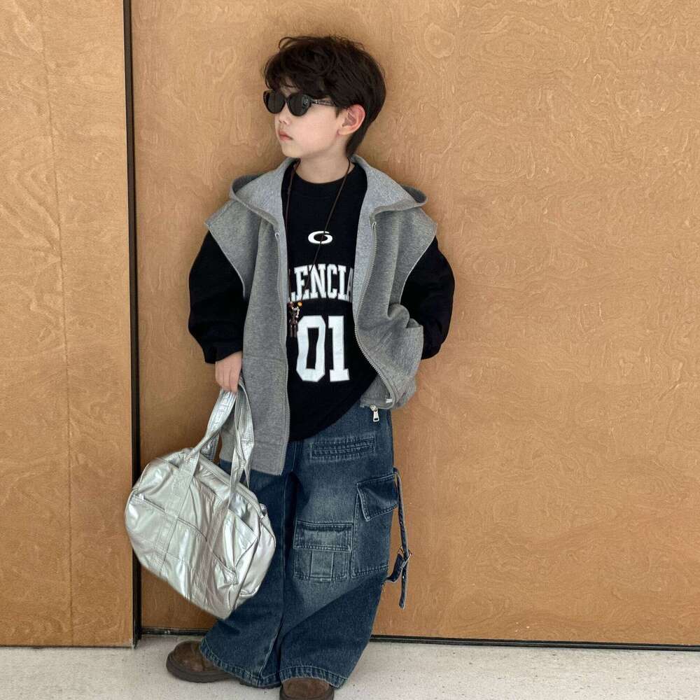 Boys' Sleeveless Hooded Sports Vest Cardigan 2025 Spring and Autumn New Style Mid-Zipper Jacket Fashionable Coat L260311-image-1097083737