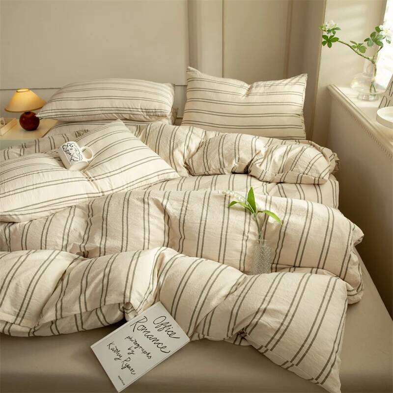 Chic Bedding 100% Washed Cotton Duvet Cover with Sheet Pillowcase Ultra Soft Comfortable 3pcs/4pcs Striped Bed Set H260311-image-1097175389