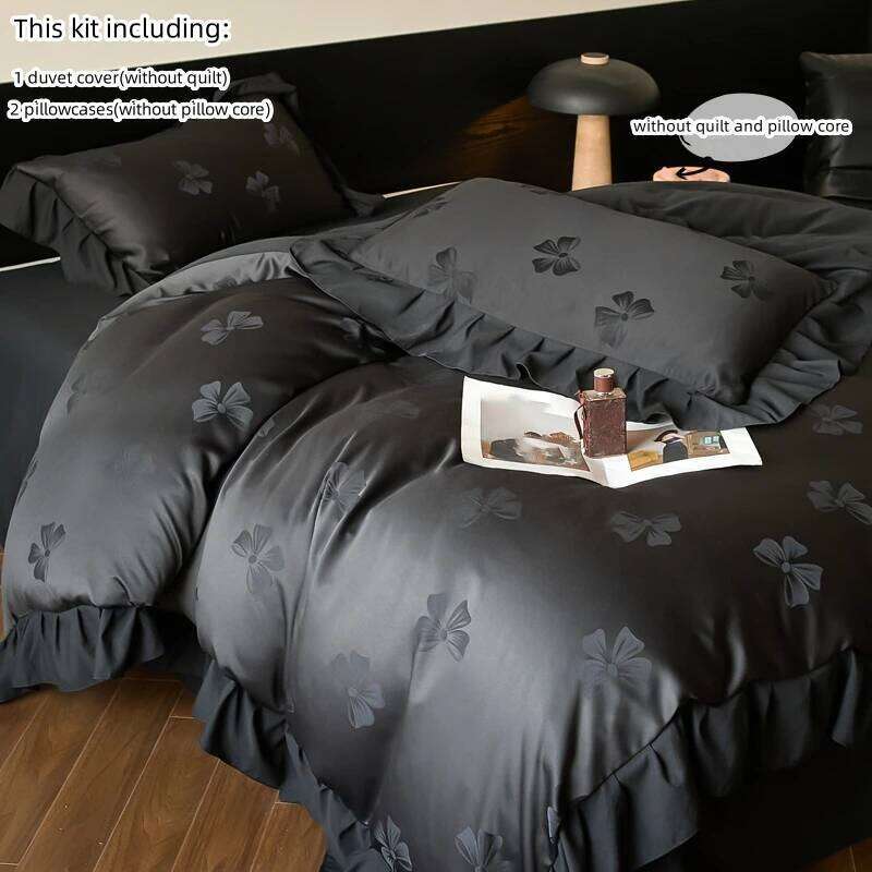 3pcs Black,White Duvet 1*Duvet Cover + 2*Pillowcase, Without Core, Butterfly knot jacquard Bedding Set H260311-image-1097175754