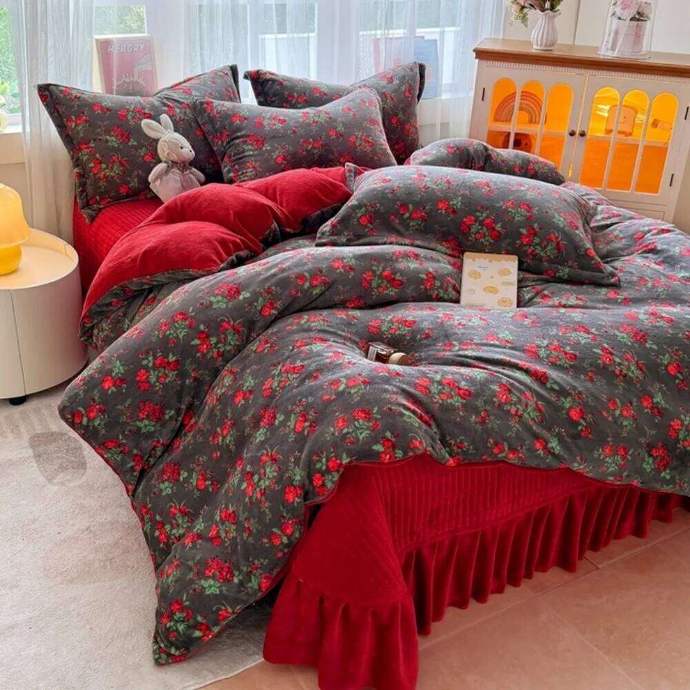 Thickened Milk Velvet Bedding Queen King Size Soft Coral Fleece Winter Warm Four-Piece Set Duvet Cover Pillowcase Bed Sheet H260311-image-1097164080