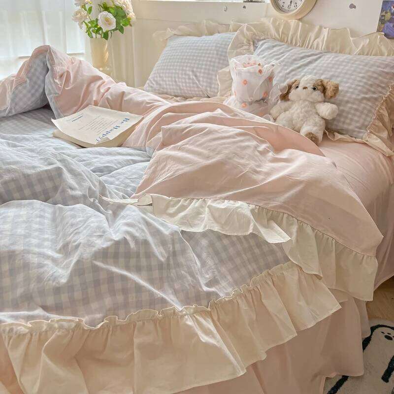 Korean Princess Bedding Soft Skin-friendly Lattice Lace Ruffles Quilt Cover Plaid Style Duvet Covers Set Pillowcases H260311-image-1097173661