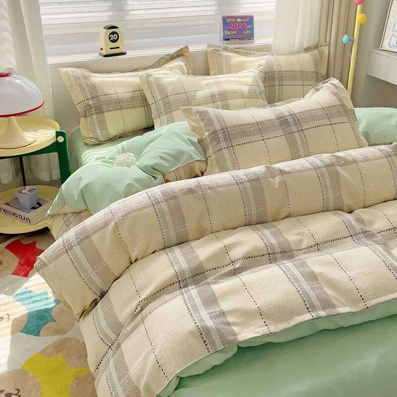Piece, 100% Cotton Bedding 4 Piece Sheet Comforter Set, Simple Striped Check Couple Bed Quilt Set H260311-image-1097165812