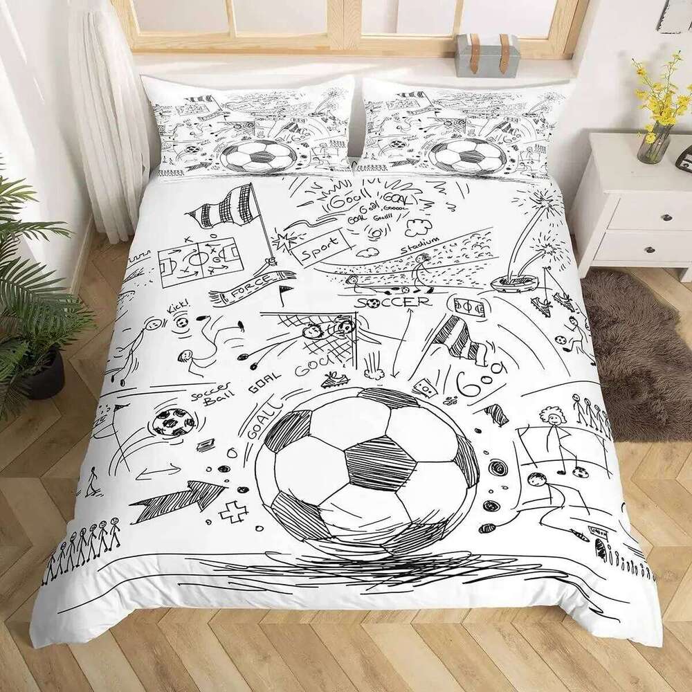 Football Duvet Hand Drawn Sketch Soccer Sports Bedding Set for Boys Teens Men Twin Comforter Cover H260311-image-1097168422