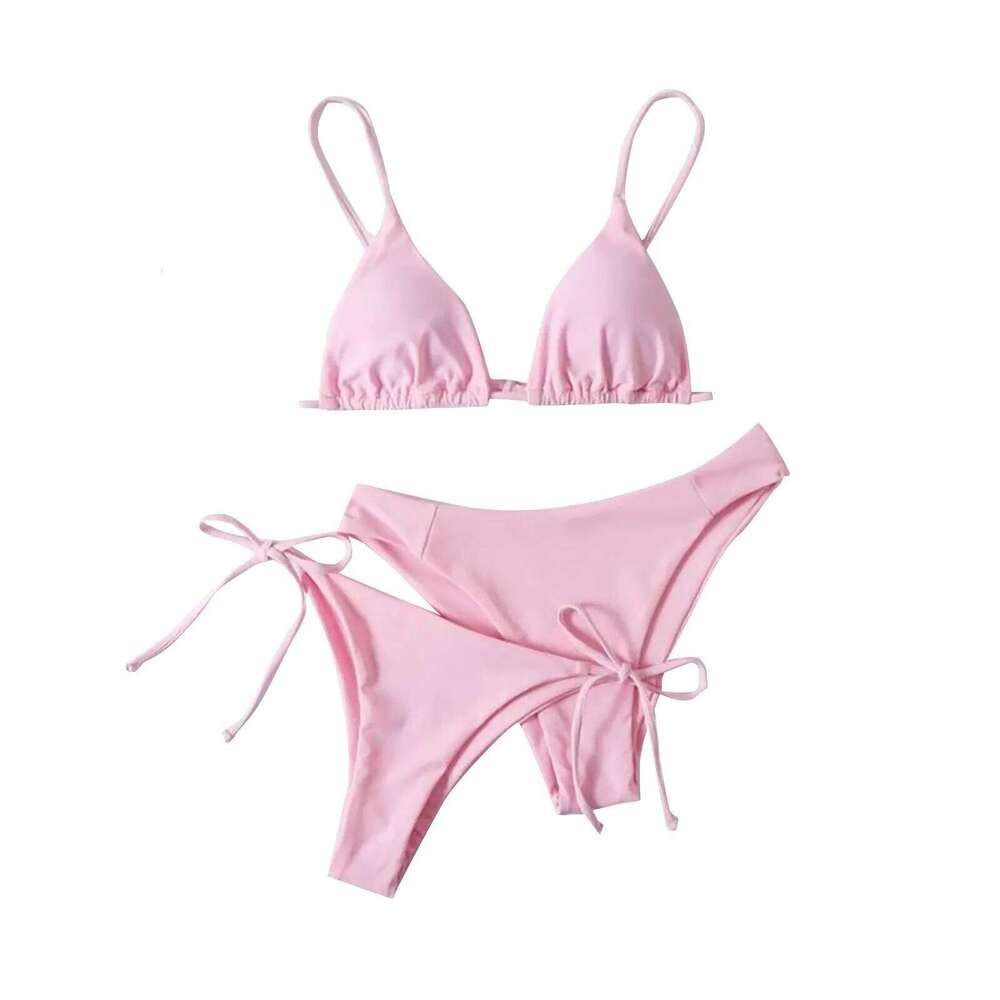 Women's Summer Fashion Sexy Basic Solid Color Backless Lace-up High Waist Adjust Buckle Sling Bikini Three-pieces Swimsuit XJ260311-image-1097168309
