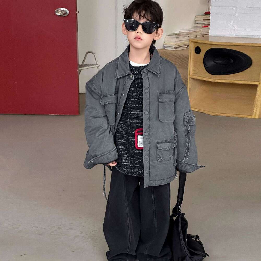 Children's clothing for boys, autumn and thickened jacket, 2025 new style, boys' workwear, warm, loose, casual winter cotton coat L2603-image-1097107086