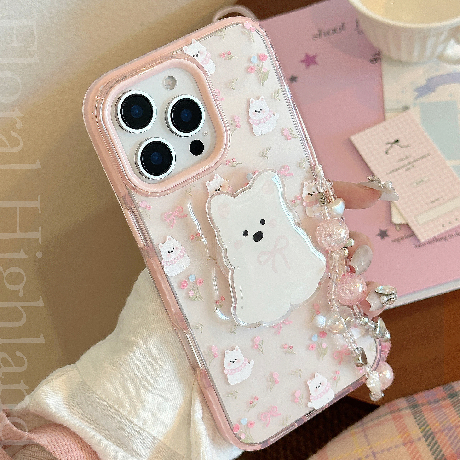 Sweet cartoon puppy bracket Apple phone case is suitable for niche anti-drop.-image-1097093136