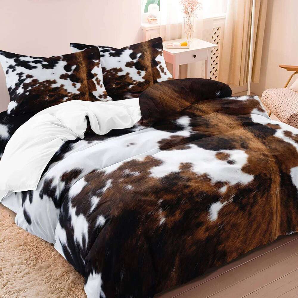 3Pcs Brown And Black Cow Pattern Yak Leather Printed Duvet 1*Duvet Cover &2 Pillowcase Comforter Not Included H260311-image-1097174755