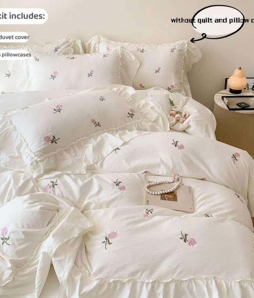 3pcs Rose Embroidered Duvet 1*Duvet Cover + 2*Pillowcase, Without Core, Princess Style Lace Bedding Set H260311-image-1097170864