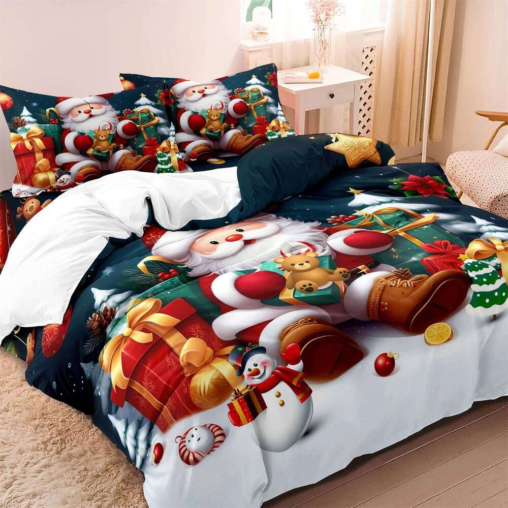 3pcs Bedding Set Santa & Snowman Print Breathable Polyester Christmas present 1 Duvet Cover 2 Pillowcases H260311-image-1097174148