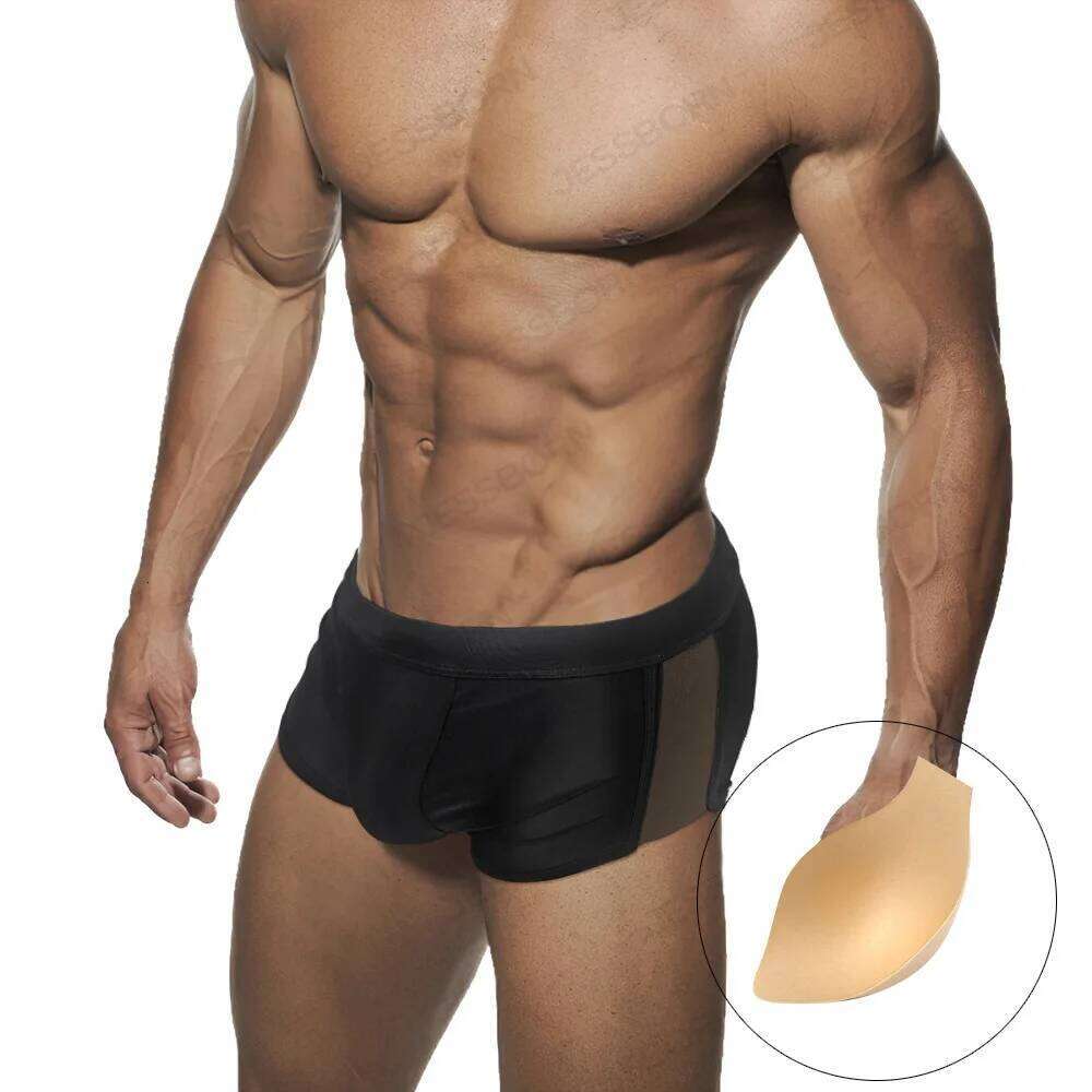 style of swimming for men's mesh swim trunks pure black belt cup anti-embarrassing hot spring beach boxer shorts S26-image-1097071186