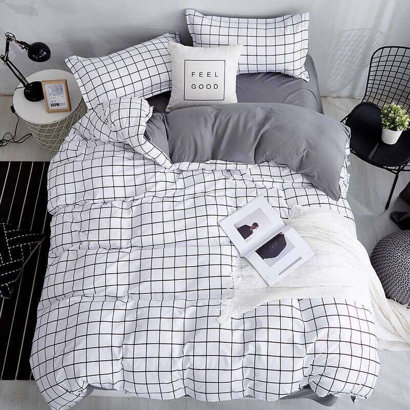 Bonenjoy ensemble de literie reine couleur blanche noir Plaid microfibre réactif imprimé King Size ensembles de linge de lit pour Kit de chambre