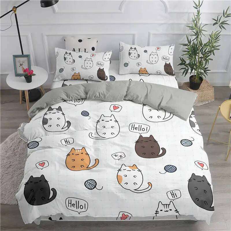 Literie de bande dessinée Chats mignons imprimés Ensemble de housse de couette 3D Twin Full Queen King Double taille taie d'oreiller literie 2/3