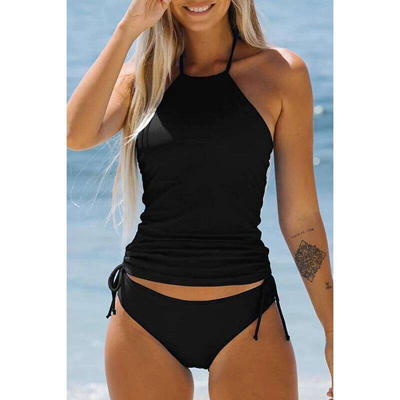 Women's Two Piece Bathing Suit Solid Color Drawstring Side Halter Neck Tankini Black Bikinis Set Swimwears Beachwear XJ260311-image-1097151933