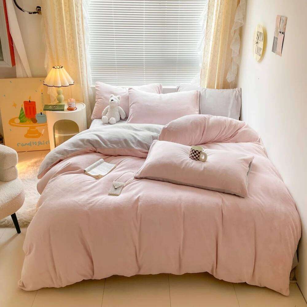 Thickened Milk Coral Fleece Bedding Solid Color Winter Comforters Breathable Duvet Cover Bed Sheet Pillowcase Four-Piece Set H260311-image-1097166036