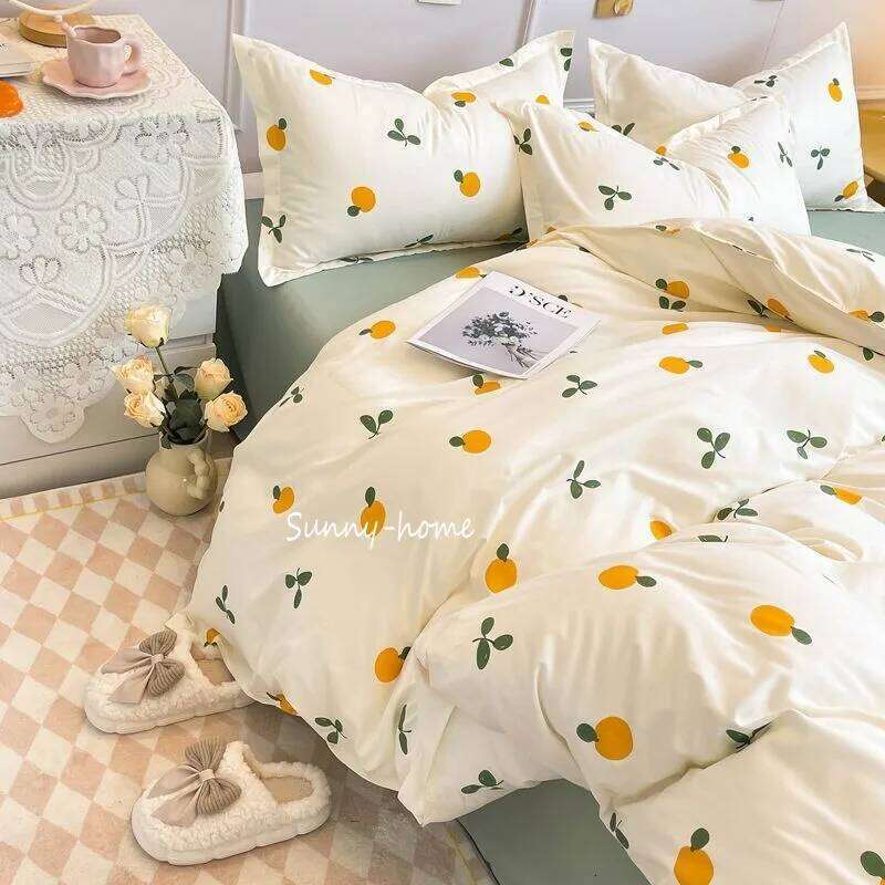 Ins Style Duvet Cover Set with Flat Sheet Pillowcases Cute Orange Cherry Crow Printed Single Double Queen Size Girls Bedding Kit H260311-image-1097168127