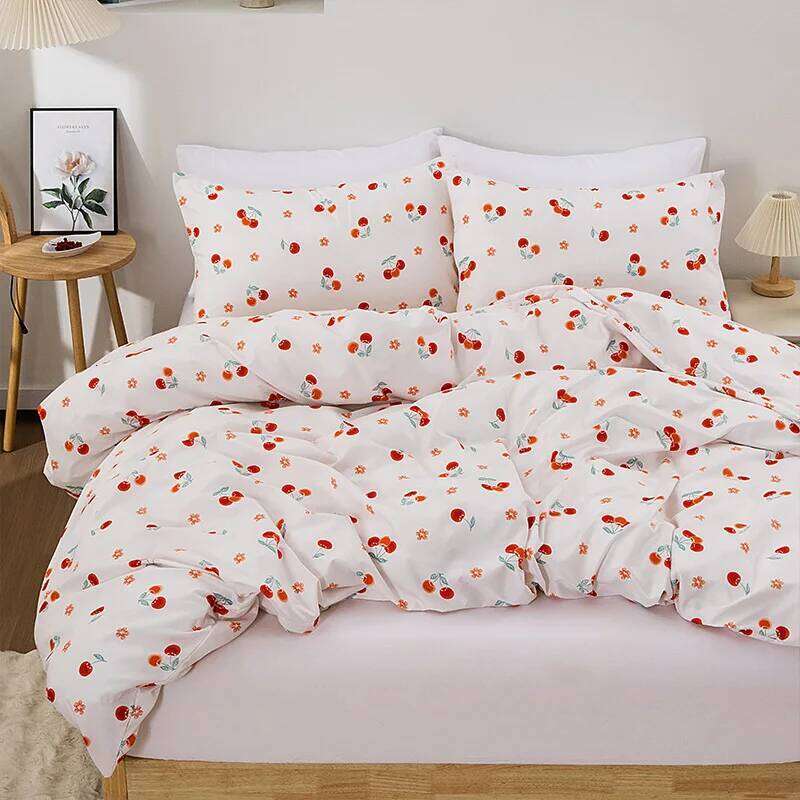 Housse de couette 3 pièces, petite fleur rouge cerise, 1 housse de couette, 2 taies d'oreiller, imprimé mignon, 100% Polyester, décoration d'inté