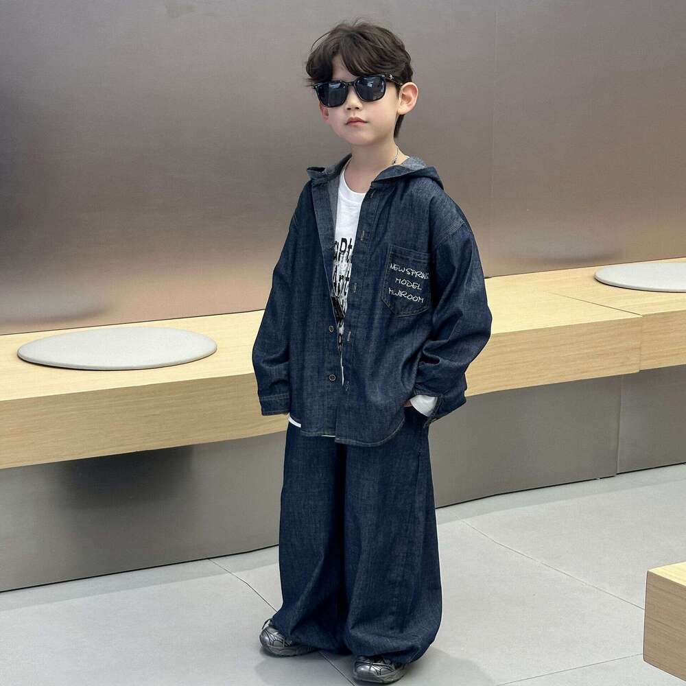 Children's Denim Suit 2025 Spring New Style Boys' Fashionable Loose Jacket and Stylish Long Pants Two-Piece Set for Young Children L260-image-1097089665