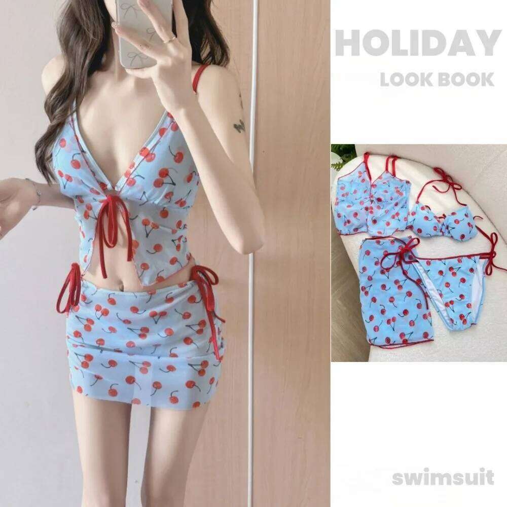 Split Swimsuit Pure Color Cherry Bikini Push Mesh Lace Up Four Piece Set V Neck Wrap Skirt Sexy Swimwear Summer Holiday XJ260311-image-1097139234
