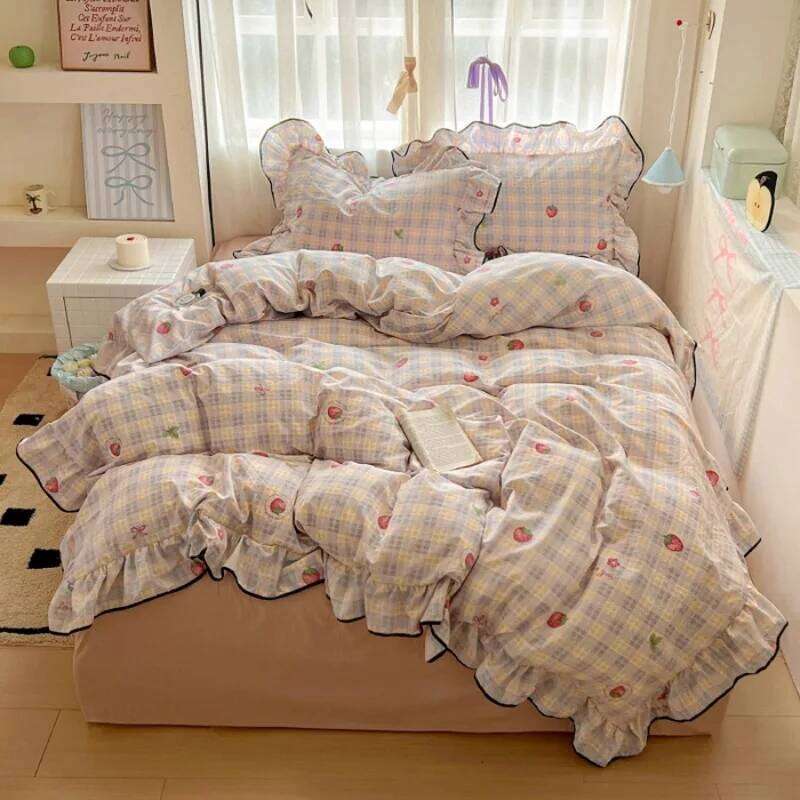 2025 new cream lace girl powder grid Korean version bed four-piece set washed cotton double-layer yarn quilt cover dormitory H260311-image-1097169848