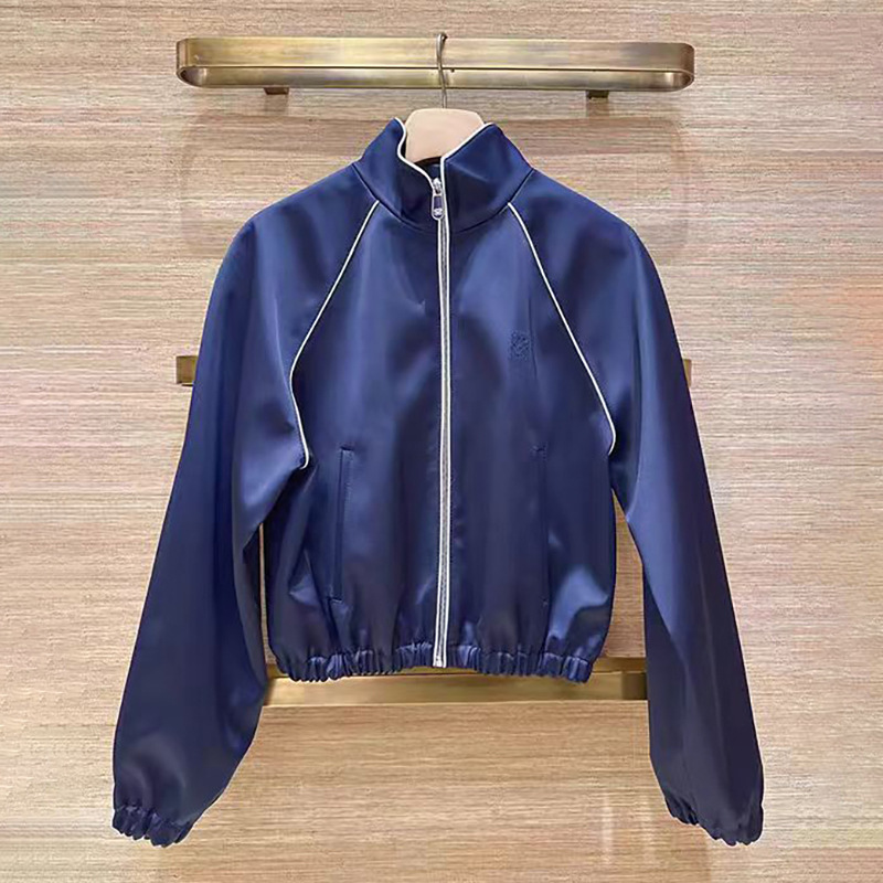 Satin Women Letter Embroidery Short Jacket Stand Collar Bright Thread Decoration 2026 Spring Female Zipper Slanted Pocket Coats