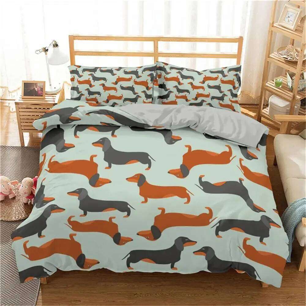 Cartoon Dachshund Bedding Cute Sausage Dog Duvet Set Pet Puppy Printed Comforter Animal Polyester Quilt Cover H260311-image-1097175717