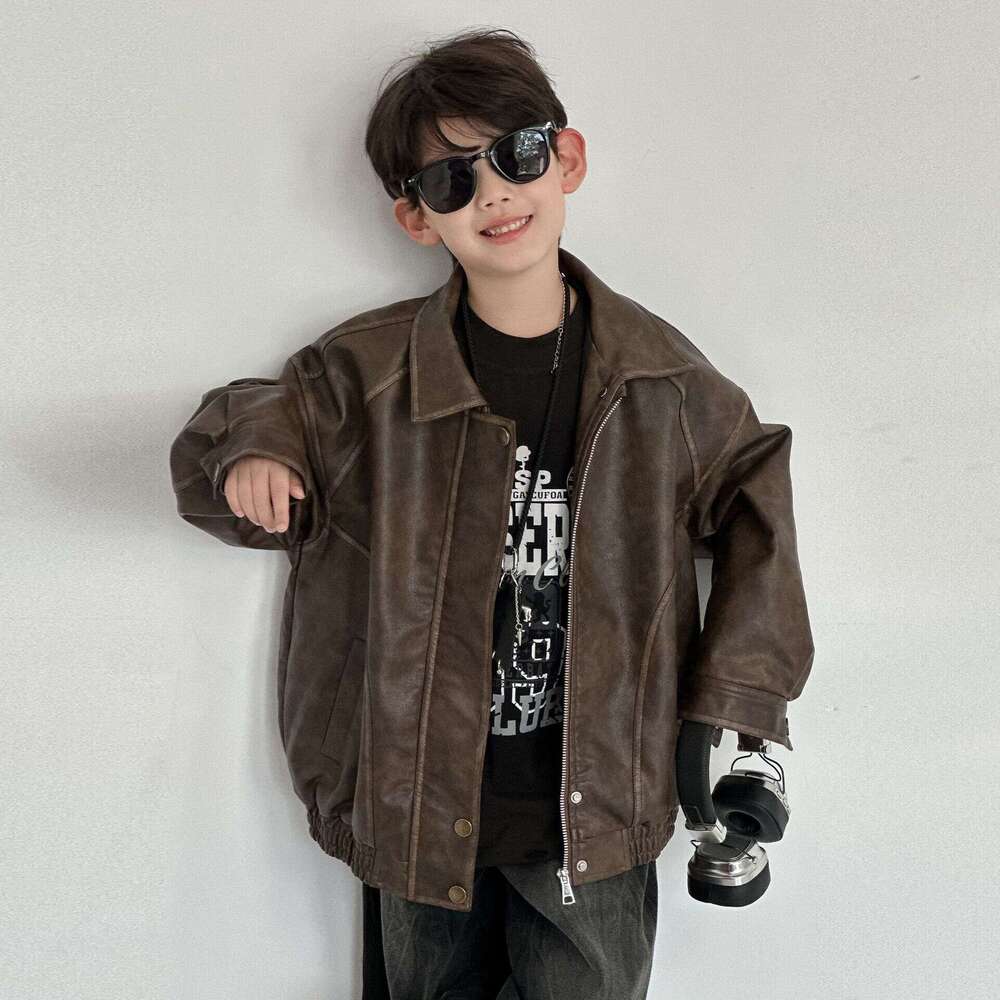 Boys' Leather 2025 New Spring and Autumn Vintage Hong Kong Style Turn-down Collar Loose Children's Jacket Trendy Top L260311-image-1097087473