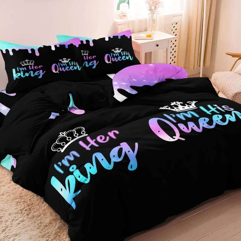 3 pièces Saint Valentin couple romantique couronne lettre ensemble 1 housse de couette + 2 taies d'oreiller, sans noyau pour la maison et le dort