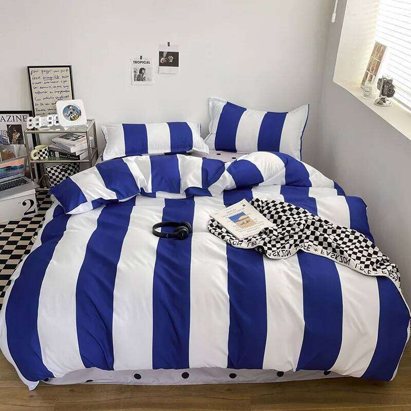 Ensemble de literie à grandes rayures douces à la mode, drap brossé nordique, housse de couette et taies d'oreiller, linge de lit confortable pou