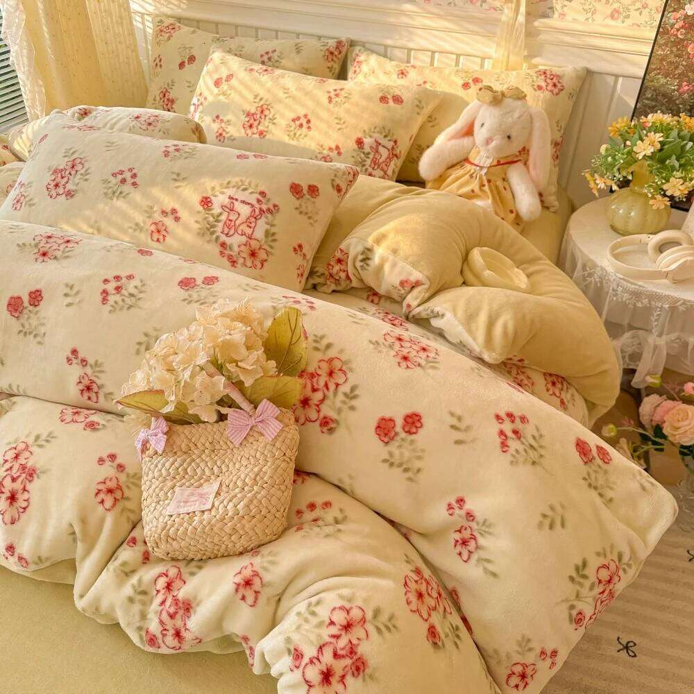 New Printed Thicken Milk Coral Fleece Bedding Soft Winter Warm Bedroom Decor Quilt Cover Bed Sheet Pillowcase Four-Piece Set H260311-image-1097167506
