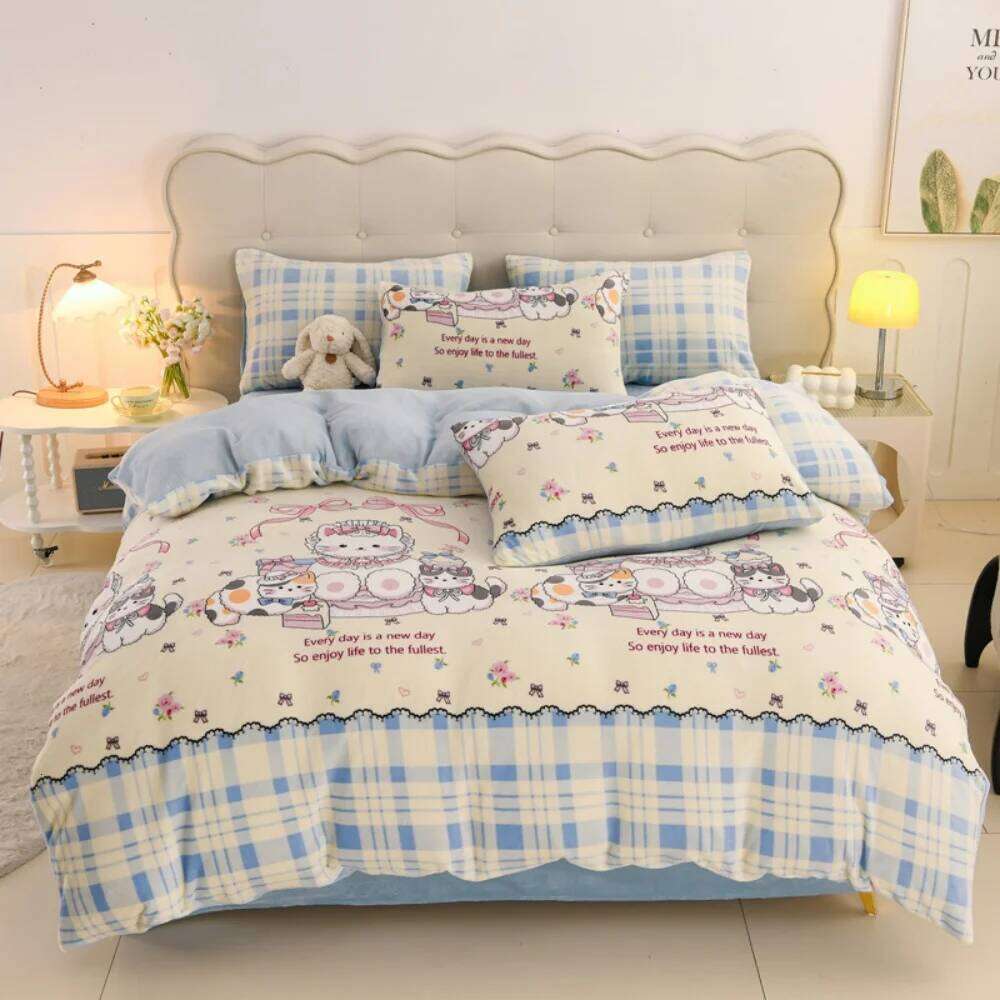 Cartoon Print Thickened Milk Velvet Four-Piece Winter Warm Soft Duvet Quilt Cover Bed Sheet Pillowcase Bedding Set H260311-image-1097169423