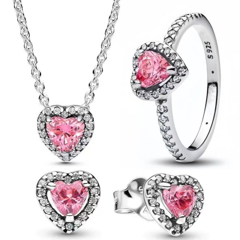 Argent classique rose amour coeur designer collier ras du cou bracelet boucles d'oreilles bague ensemble de bijoux argent cristal étincelant coeu