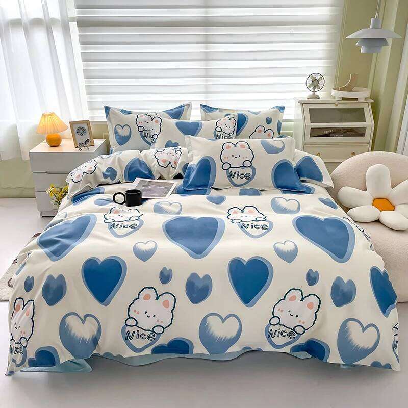 Blue Love Housse de couette en forme de coeur mignon lapin imprimé ensembles de literie pour femmes filles adolescents ensemble de lit drap plat