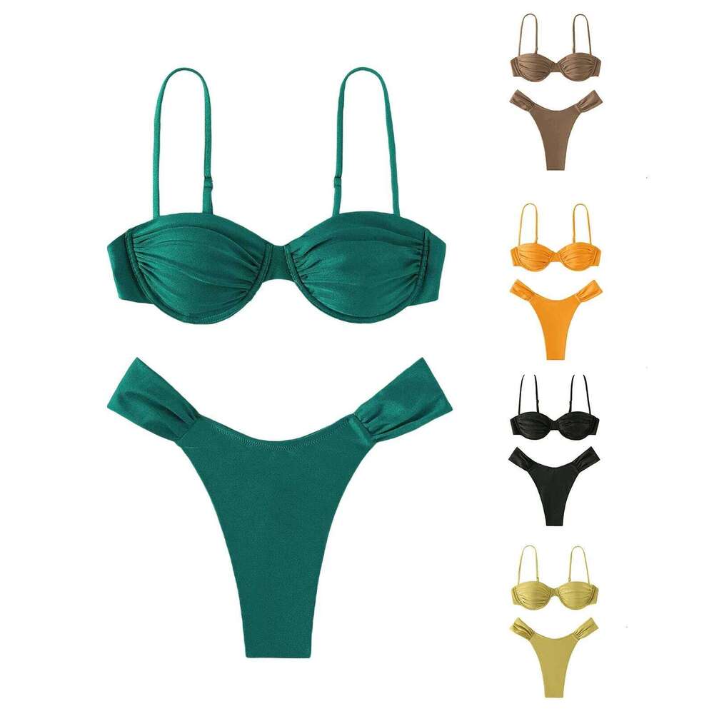 Classics Basics Women Swim Bikini Suit, Solid Color Pleated Sleeveless Bra+ Shorts Briefs Swimwear Swimsuit XJ260311-image-1097147351