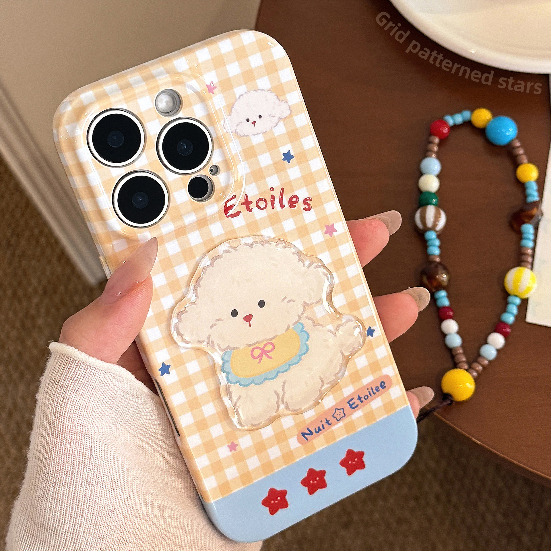 Coque de téléphone portable à carreaux jaunes, étui souple avec lanière pour chiot en trois dimensions, adapté à Apple