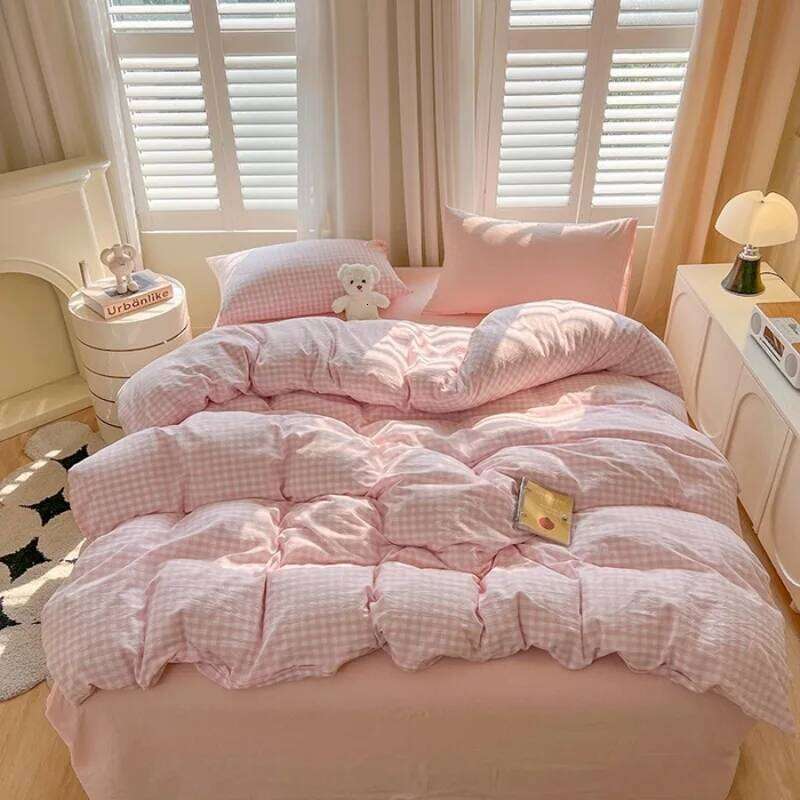 Drap de lit à grille grise, nouveau produit Simple de style japonais, housse de couette, 4 pièces, appartement étudiant, ensemble 3 pièces quatre