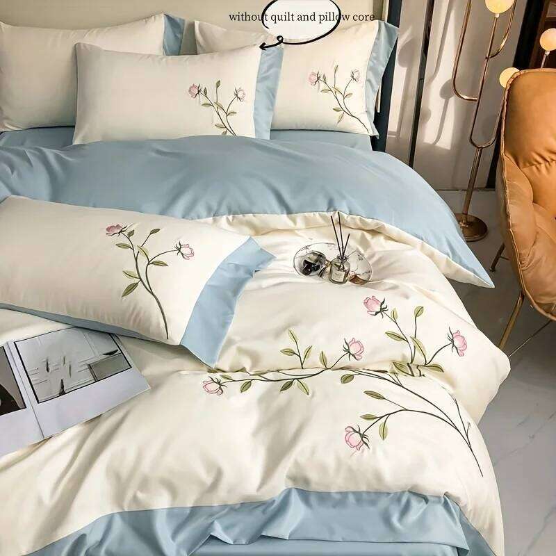 3pcs Elegant embroidery Duvet 1*Duvet Cover + 2*Pillowcase, Without Core, blue pink soft Bedding Set for summer H260311-image-1097175069
