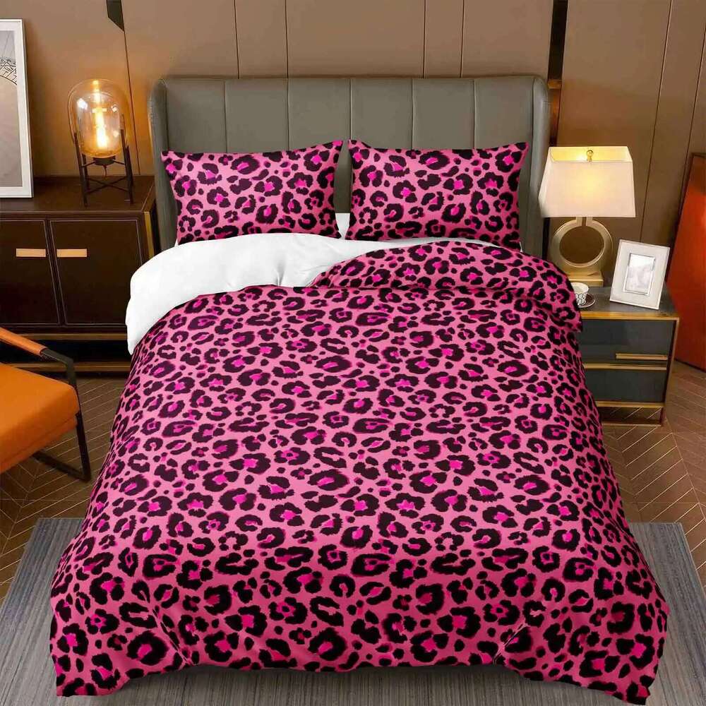 3pcs pink black leopard print Duvet set, fashionable and trendy three-piece bedding set,1*Duvet Cover + 2*Pillowcases H260311