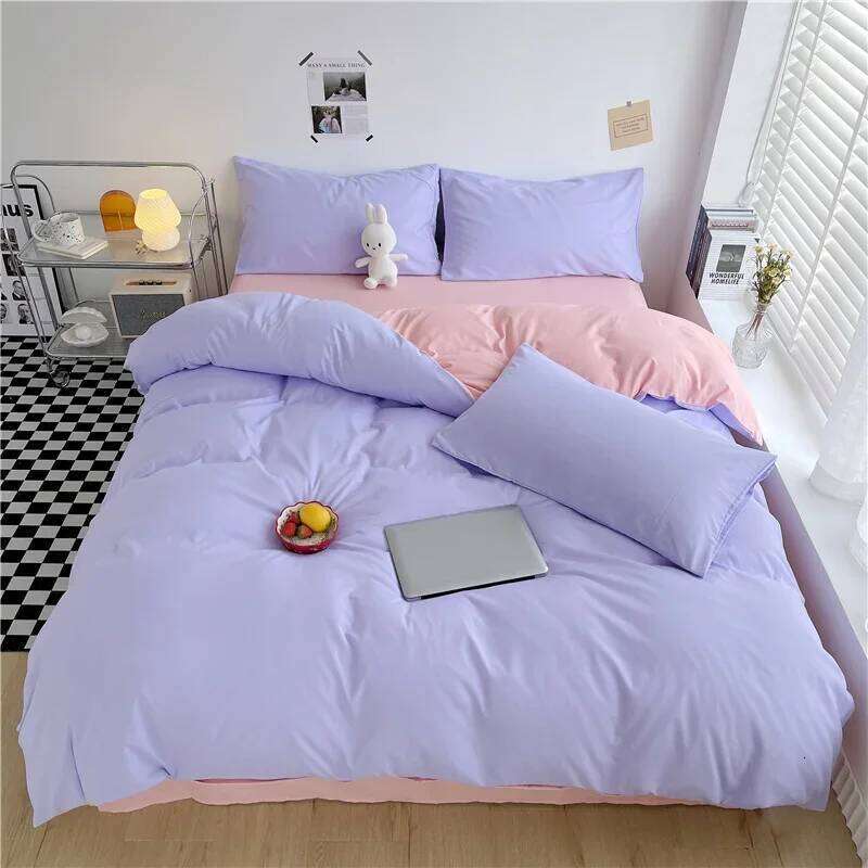 Simple Style 100% Washed Cotton Duvet Queen King 3 Pieces Solid Color Bedding Set, 1 Quilt Cover and 2 Pillowcases, Purple H260311-image-1097167360