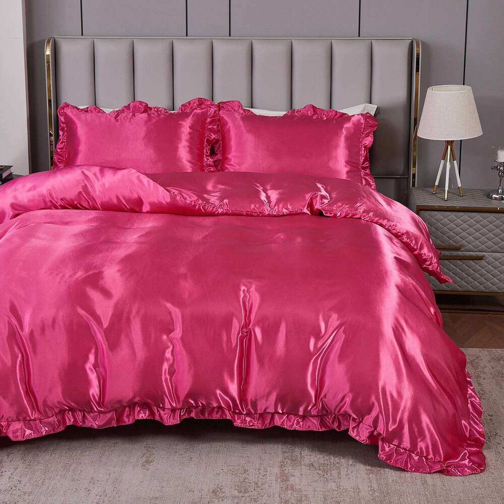 3PCS Satin Duvet Set Silk Rose red And Pink Bedding Comforter Cover Ruffle Pattern Silky Bed set Soft H260311-image-1097174645