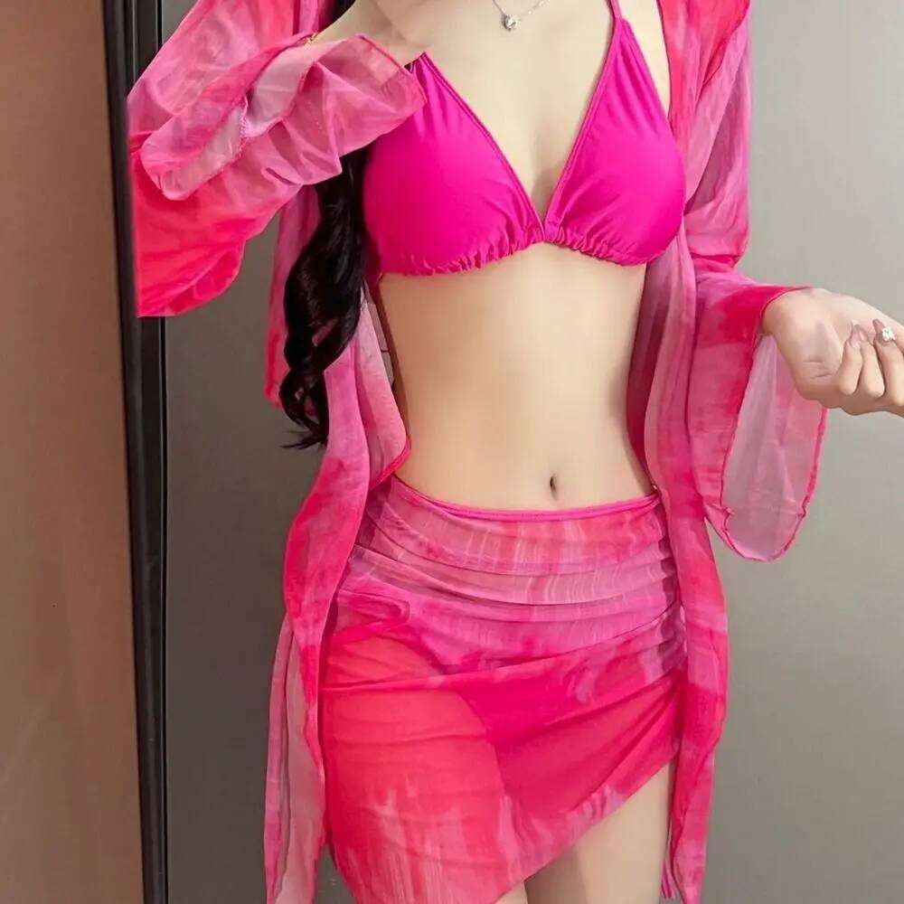 Tie Dye Bikini 4 Piece Pleated Swimsuit Lace-Up Crop Top Drawstring Mini Skirt Swimwear Set Vacation XJ260311-image-1097141222