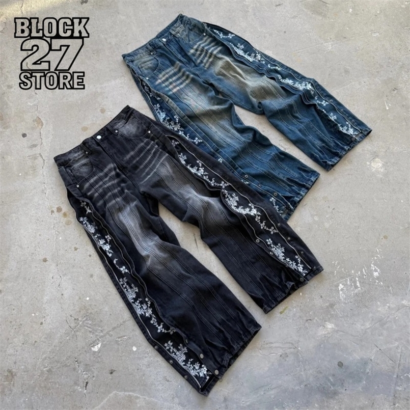 Mens Jeans Harajuku Y2K Streetwear Floral Side Embroidery Zip Denim Pants Retro Washed Heavy Splicing Baggy Wide Leg Gothic 260227CJ