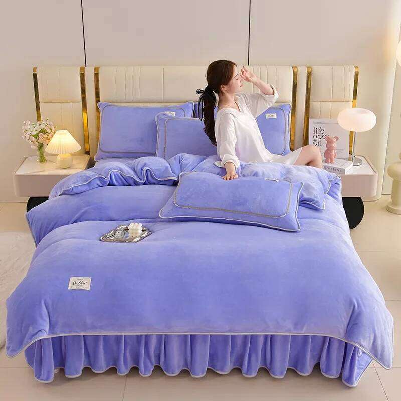 New solid color milk fleece four-piece set, winter thickened warm student dormitory bed sheet 4-piece set H260312-image-1097352784