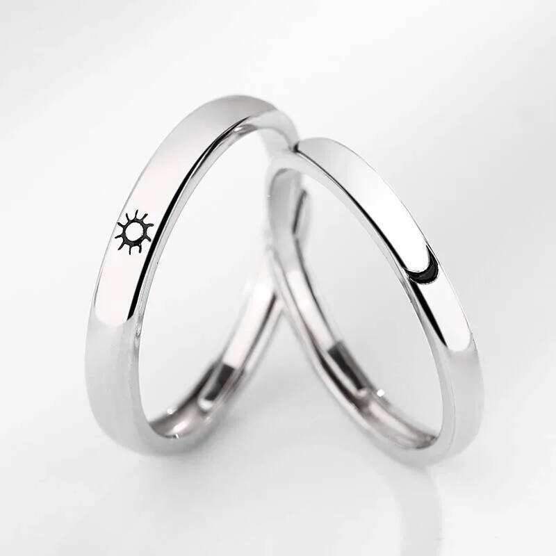 2Pcs Sliver Color Sun Moon Couple Rings for Women Men Simple Heart Matching Open Adjustable Finger Ring Set Wedding Jewelry Gift W260311-image-1097294353