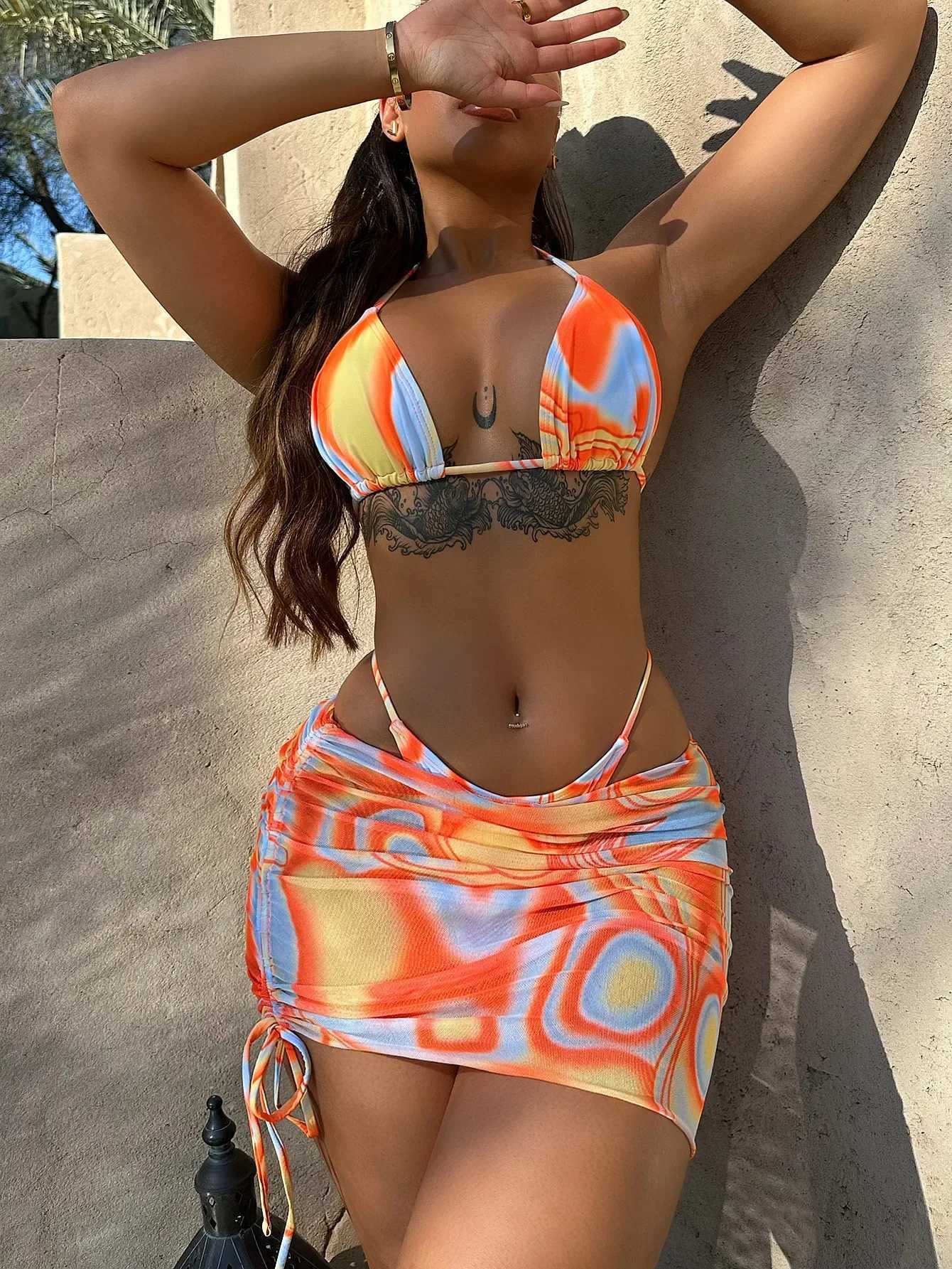 Sexy Orange dégradé 3 pièces Bikinis ensembles femmes Push Up jupe plissée maillot de bain été maillot de bain couvrir maillots de bain Biquini 2