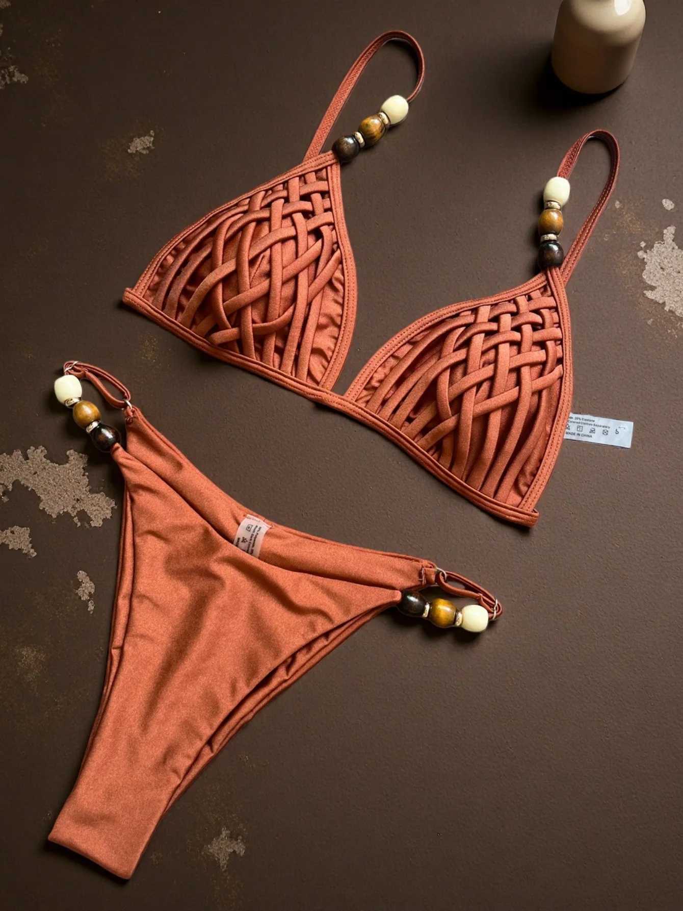 Sexy Brown Bikini Set 2026 Women Pearls S Hole Out Push Up Bra Thong Swimsuit Brazilian Beach Bathing Suit Micro Swimwear L260526-image-1097316813