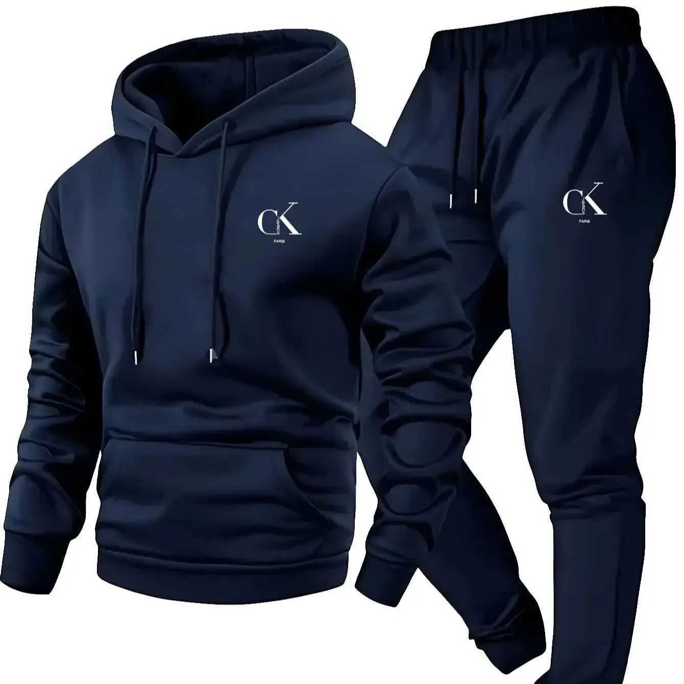 L'ensemble pull à capuche imprimé et pantalon de sport pour hommes 2025 avec une poche grise décontractée pour la maison convient au printemps et
