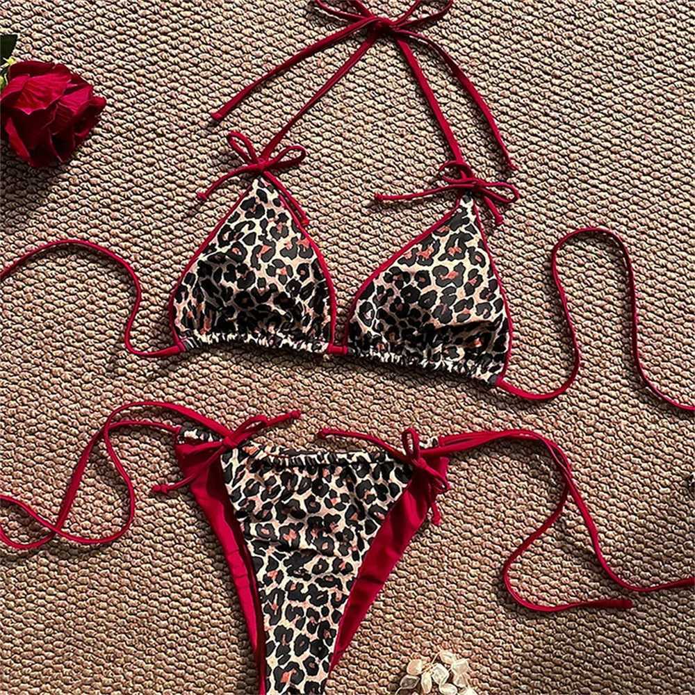 Red Leopard Bikinis Sets Bowknot String Backless Swimsuit Push Up Halter Extrem Swimwear Thong Women Beach Bathing Suit L260526-image-1097305795