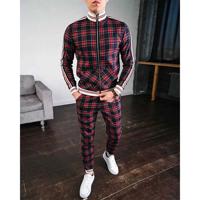 Mens Tracksuits Colorful Plaid Casual Zipper Hoodie Set 3D Print Set New Autumn Male Sweatshirt Clothes For MenT260312