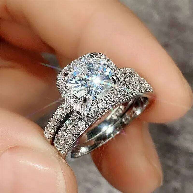 2 Pcs Shiny Square Stack Ring Set Inlaid Round Sparkly Zirconia Coupon Rings for Women Party Wedding Jewelry W260311-image-1097295093
